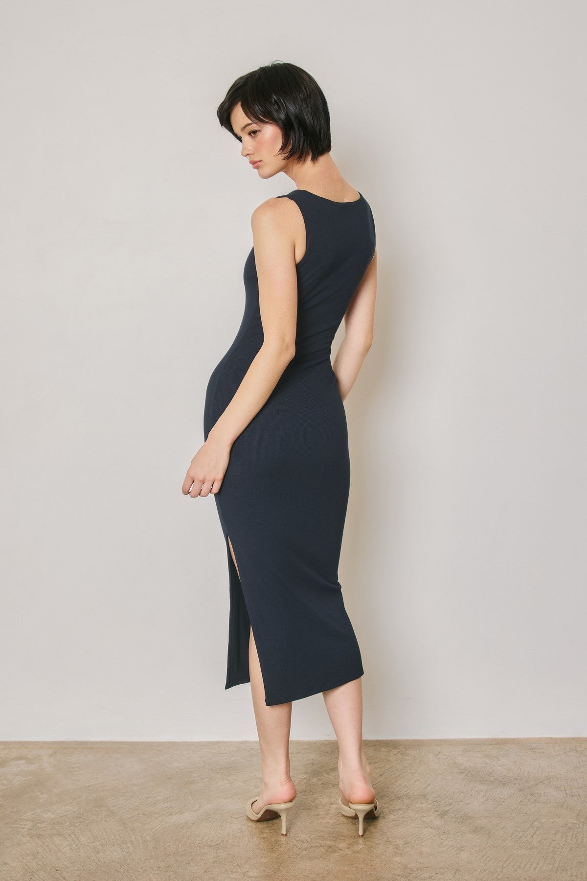 Ribbed Knit Square Neck Bodycon Midi Dress
