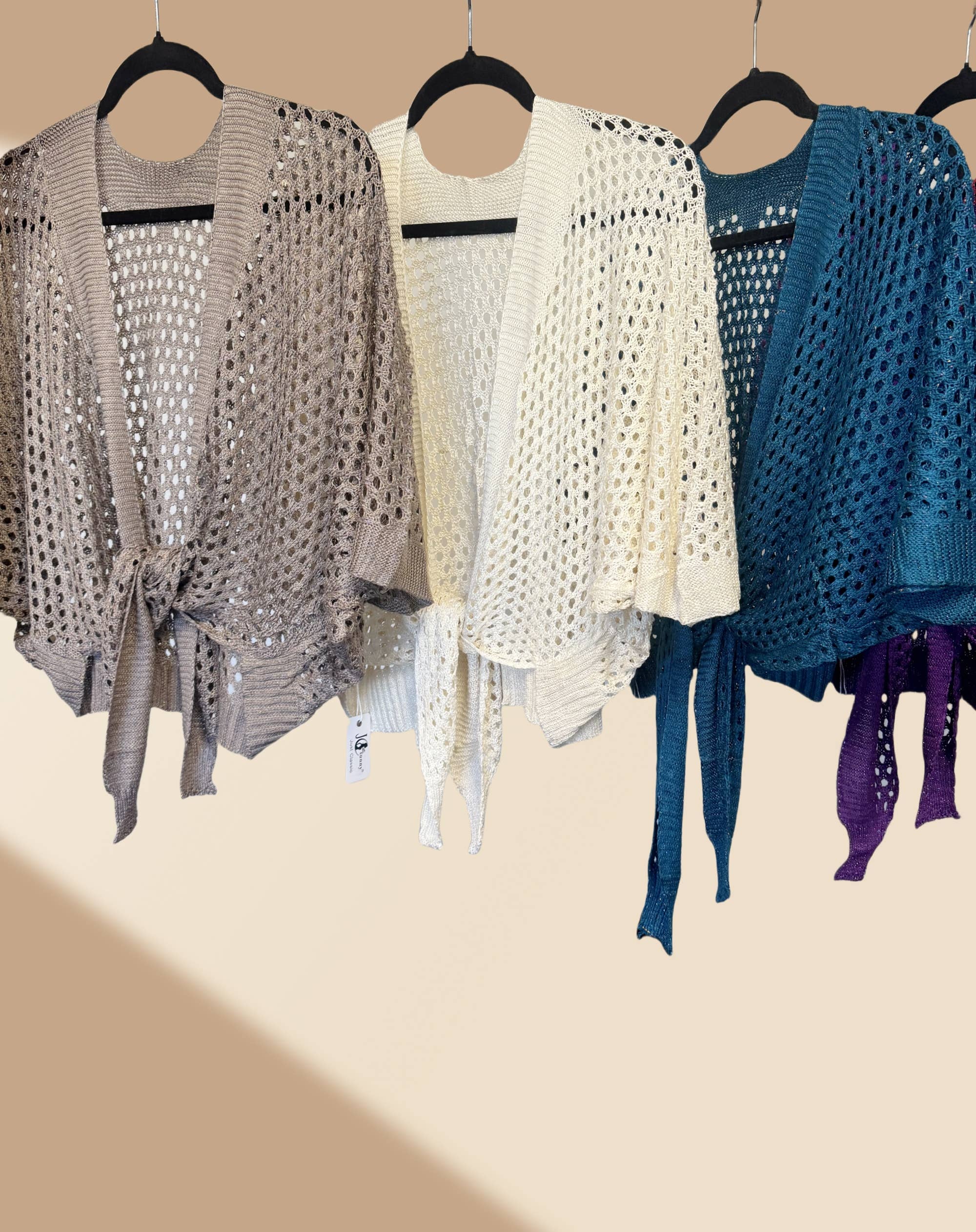 Eyelet Open-Knit Metallic Cardigan with Front Tie