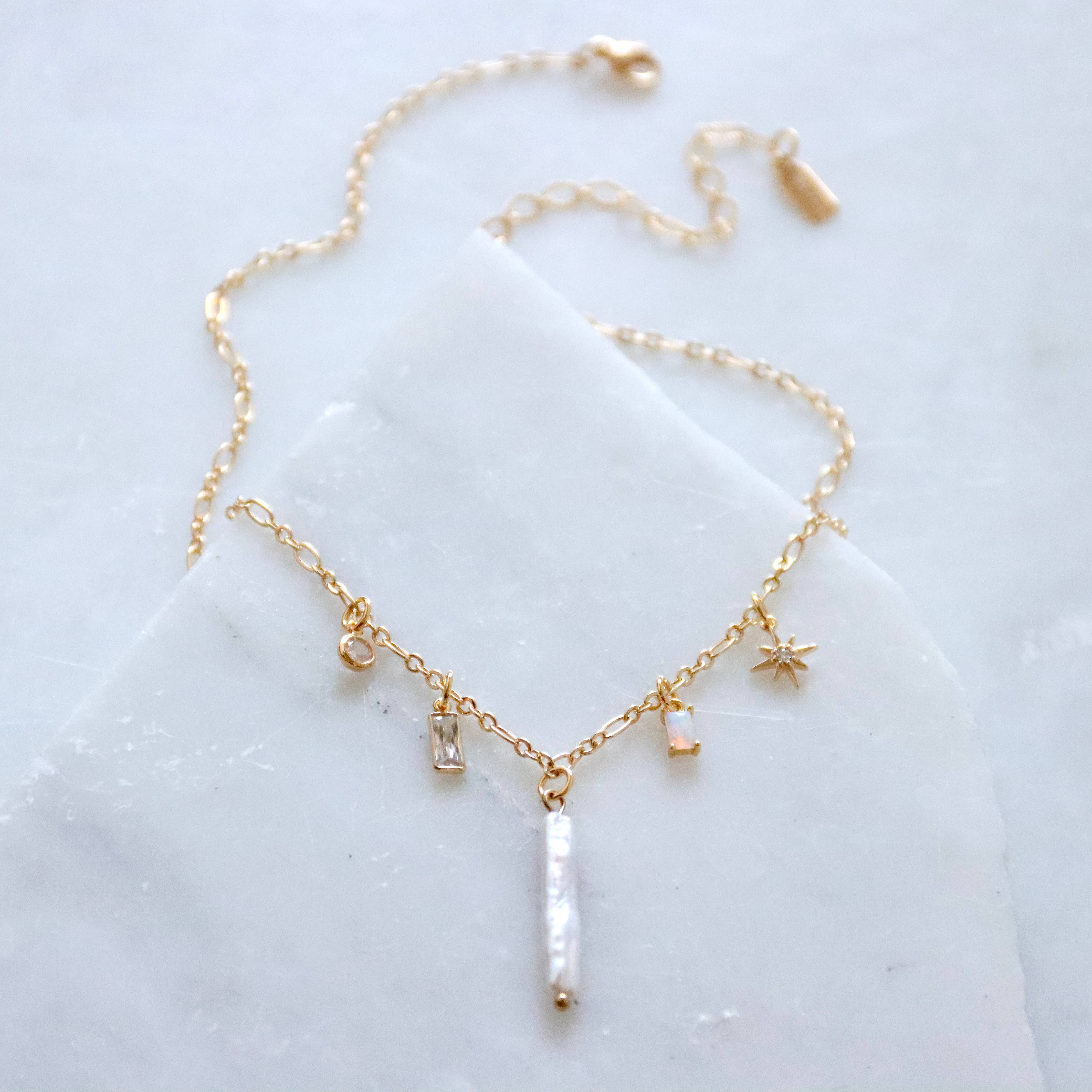 Mesa Blue - Pearl, Opal, CZ Charm Necklace 