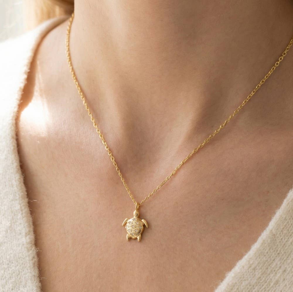 Fame Accessories - Gold Dipped Cz Studded Turtle Pendant Necklace