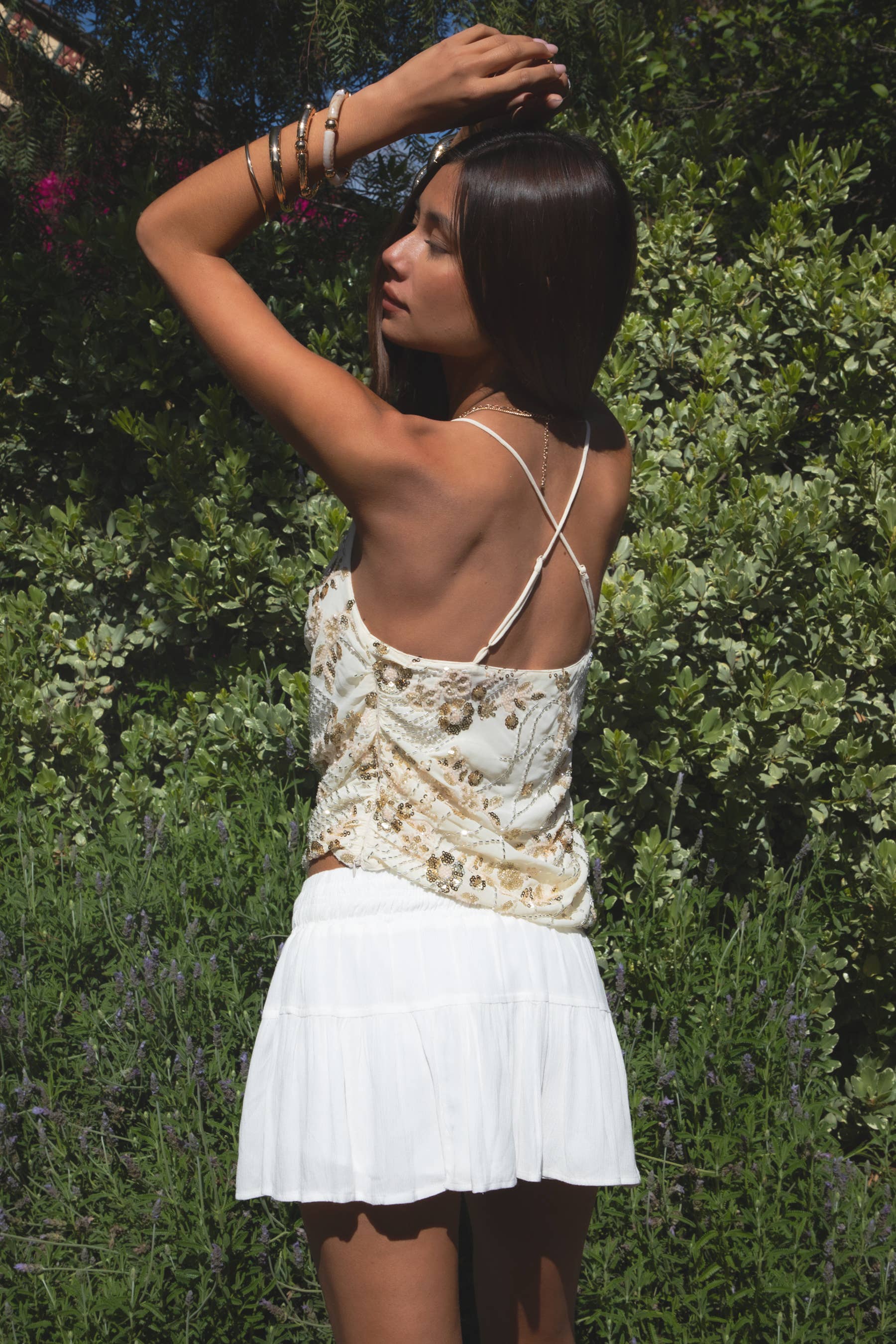 - AURYA Chiffon Sequin Beaded Cowl Neck Cropped Top