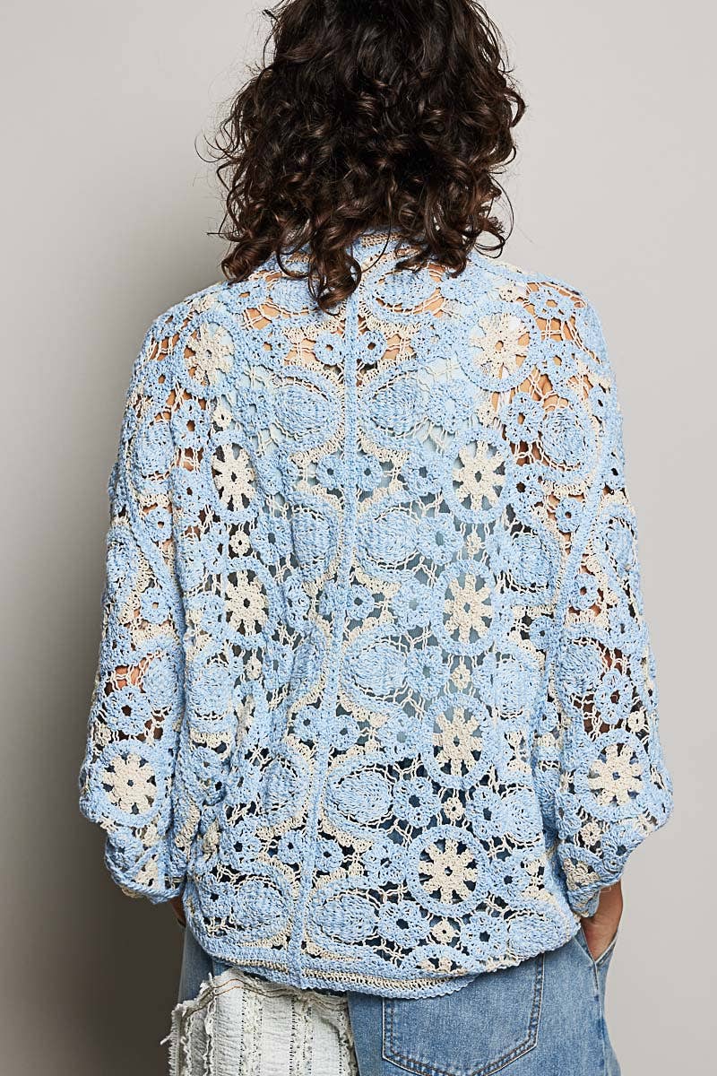 Pol Clothing - V-Neck Button Down Crochet Batwing Sleeve Cardigan Top