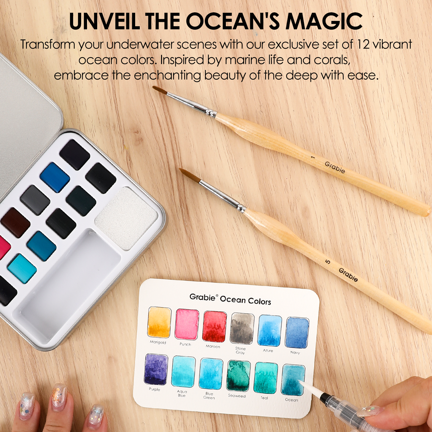 Grabie - Watercolor Pocket Set Of 12 With Brush - Ocean Colors