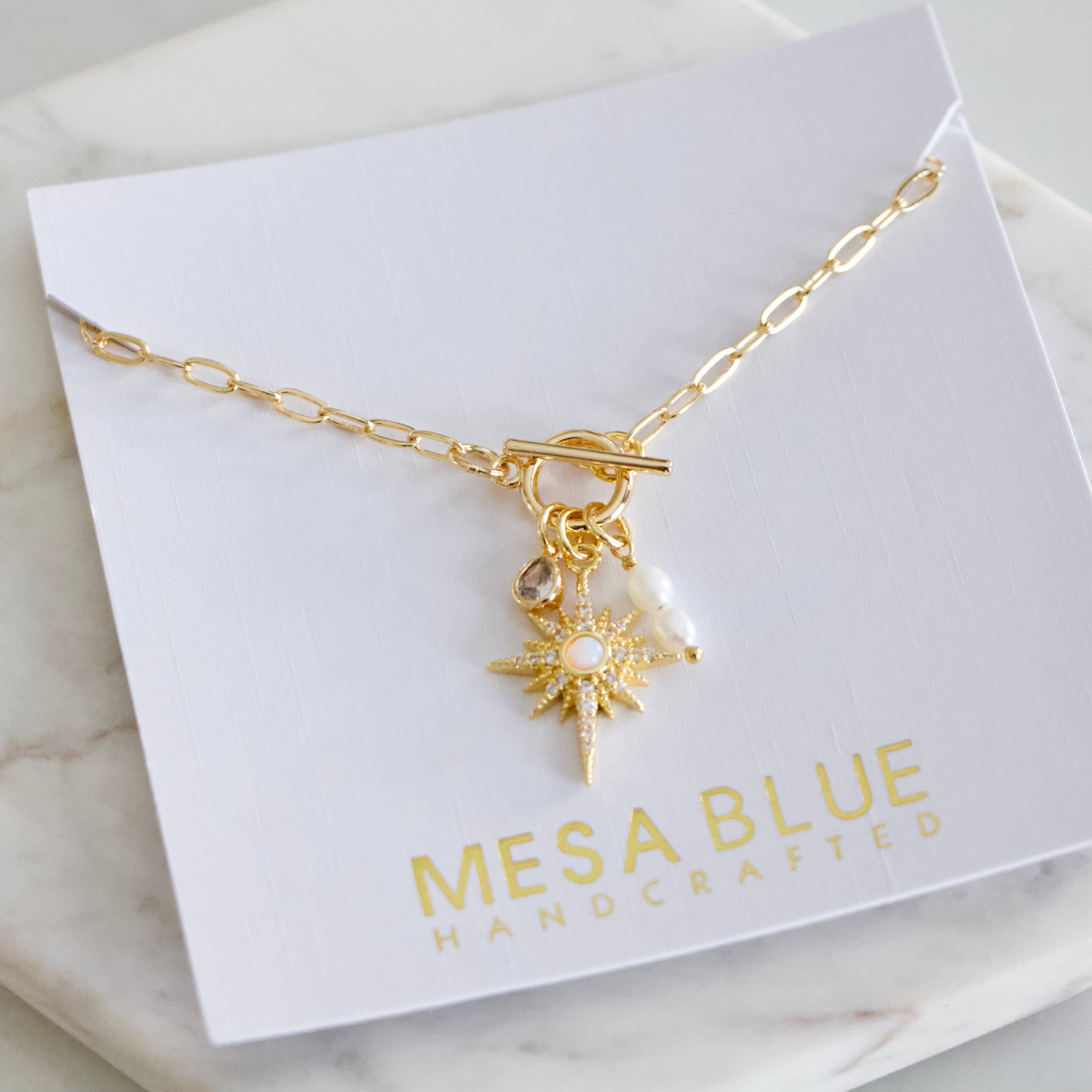 Mesa Blue - CZ, Opal Star, Freshwater Pearl,Charm Toggle Necklace