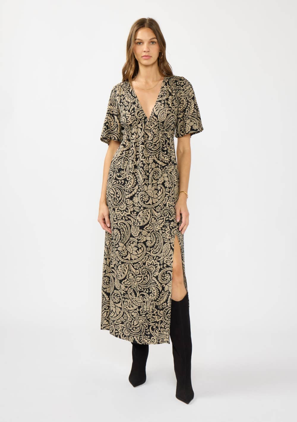 Lovestitch - V-Neck Flutter Sleeve Front Slit Maxi Dress