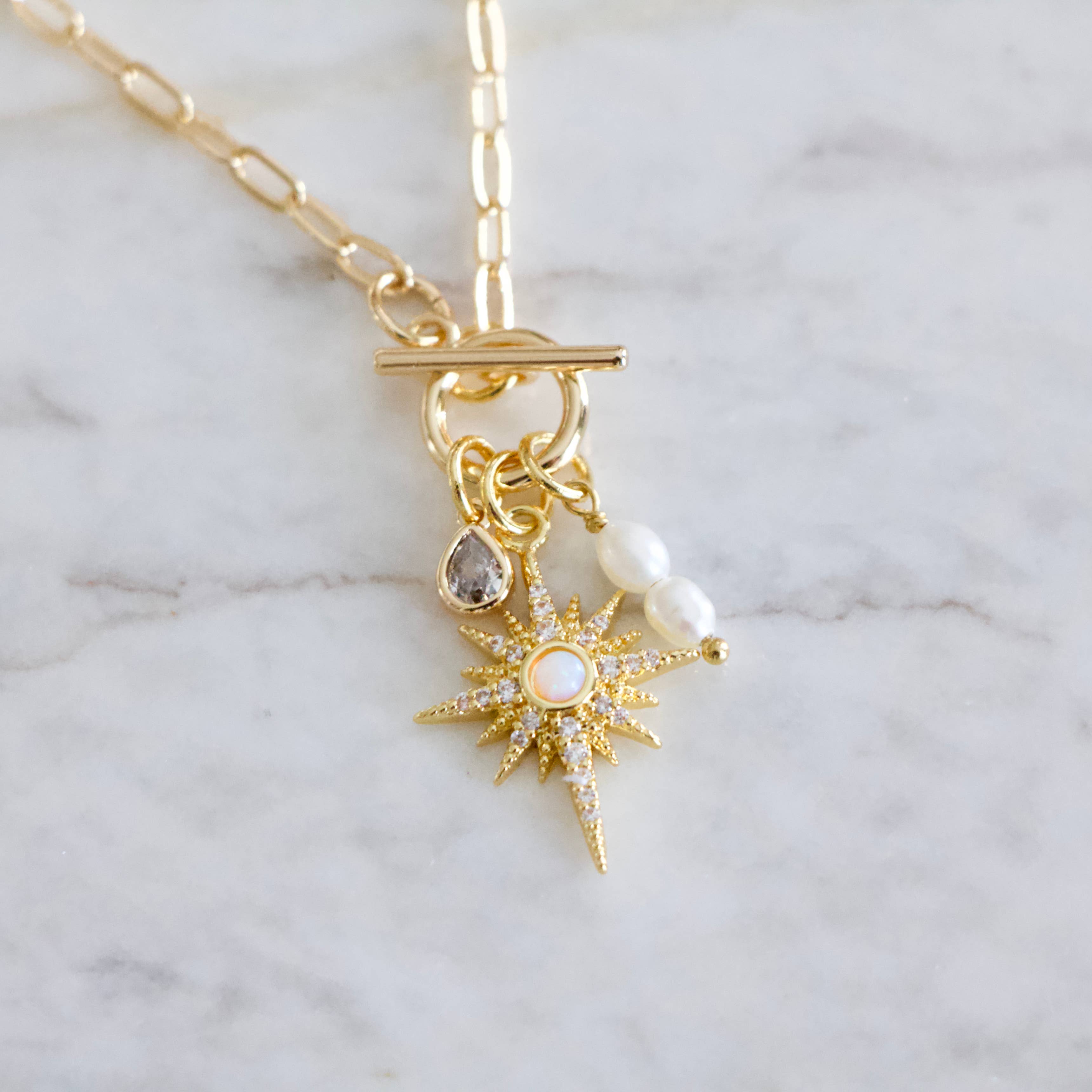 Mesa Blue - CZ, Opal Star, Freshwater Pearl,Charm Toggle Necklace