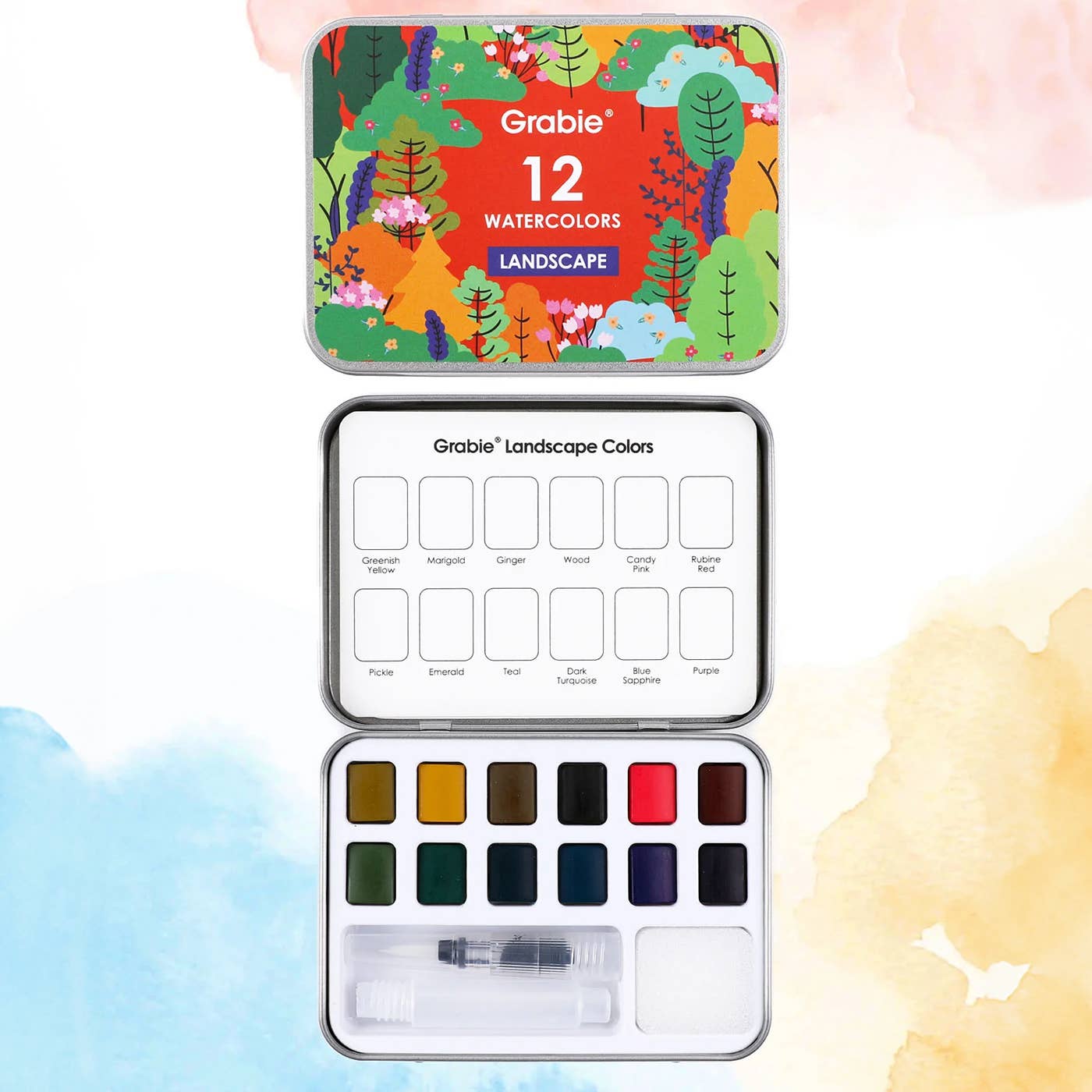 Grabie - Watercolor Pocket Set Of 12 With Brush - Landscape Colors