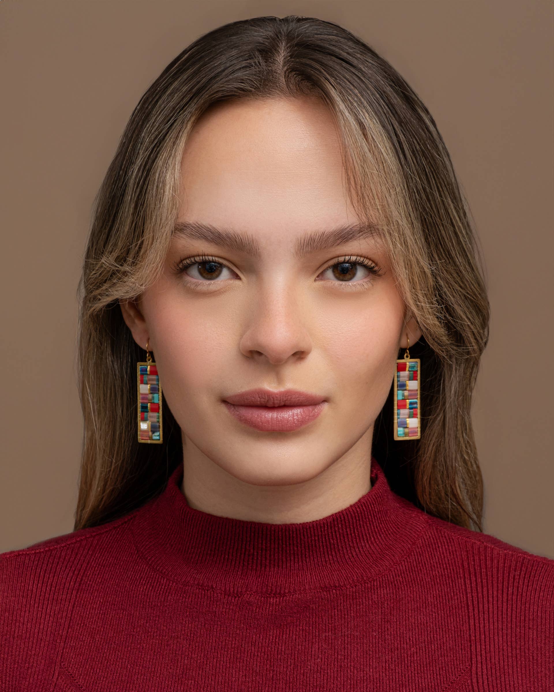 Mayana Designs Co - Beaded Handwoven Mosaic Tila and Brass Earrings (Aqua/Red)