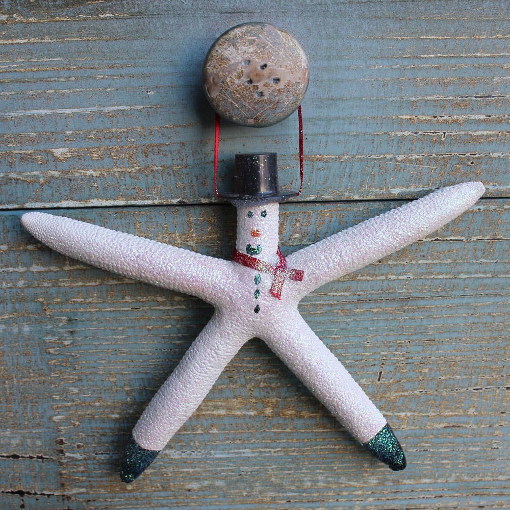 California Seashell Company - White Finger Starfish Snowman Ornament