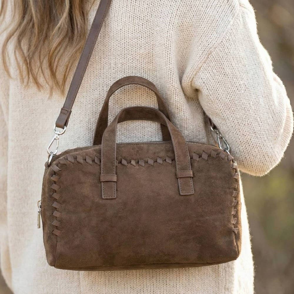Collections by Fame Accessories - Rectangle Woven Trim Detail Suede Bag