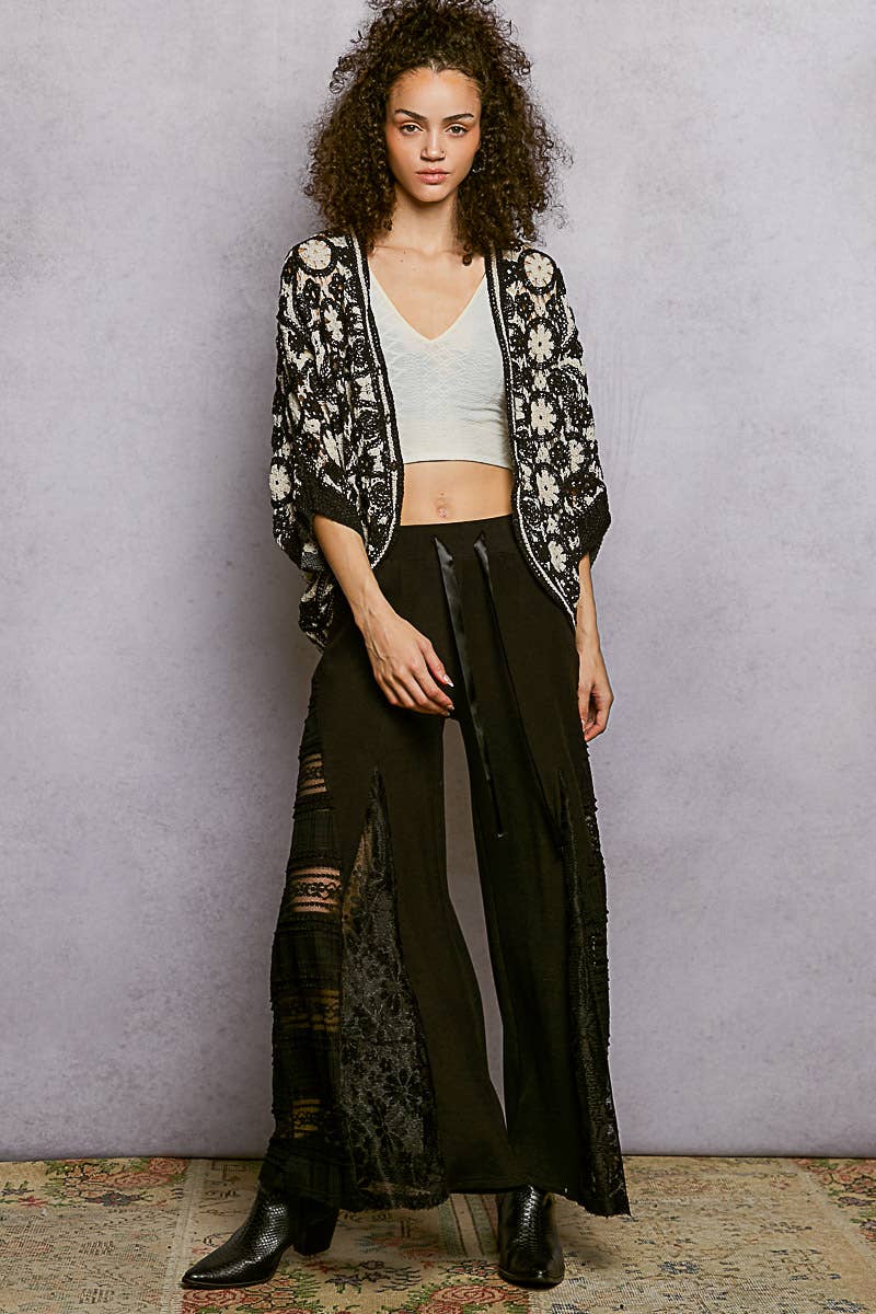 Pol Clothing - V-Neck Button Down Crochet Batwing Sleeve Cardigan Top