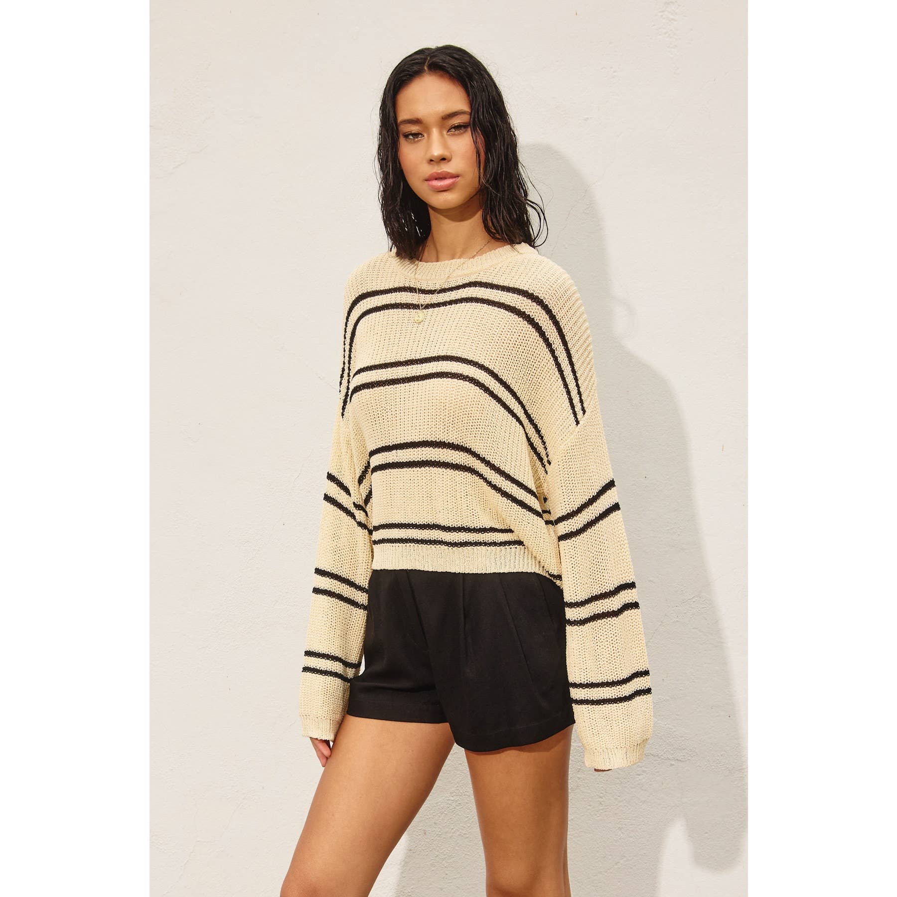 Double Striped Long Sleeve Open Knit Top