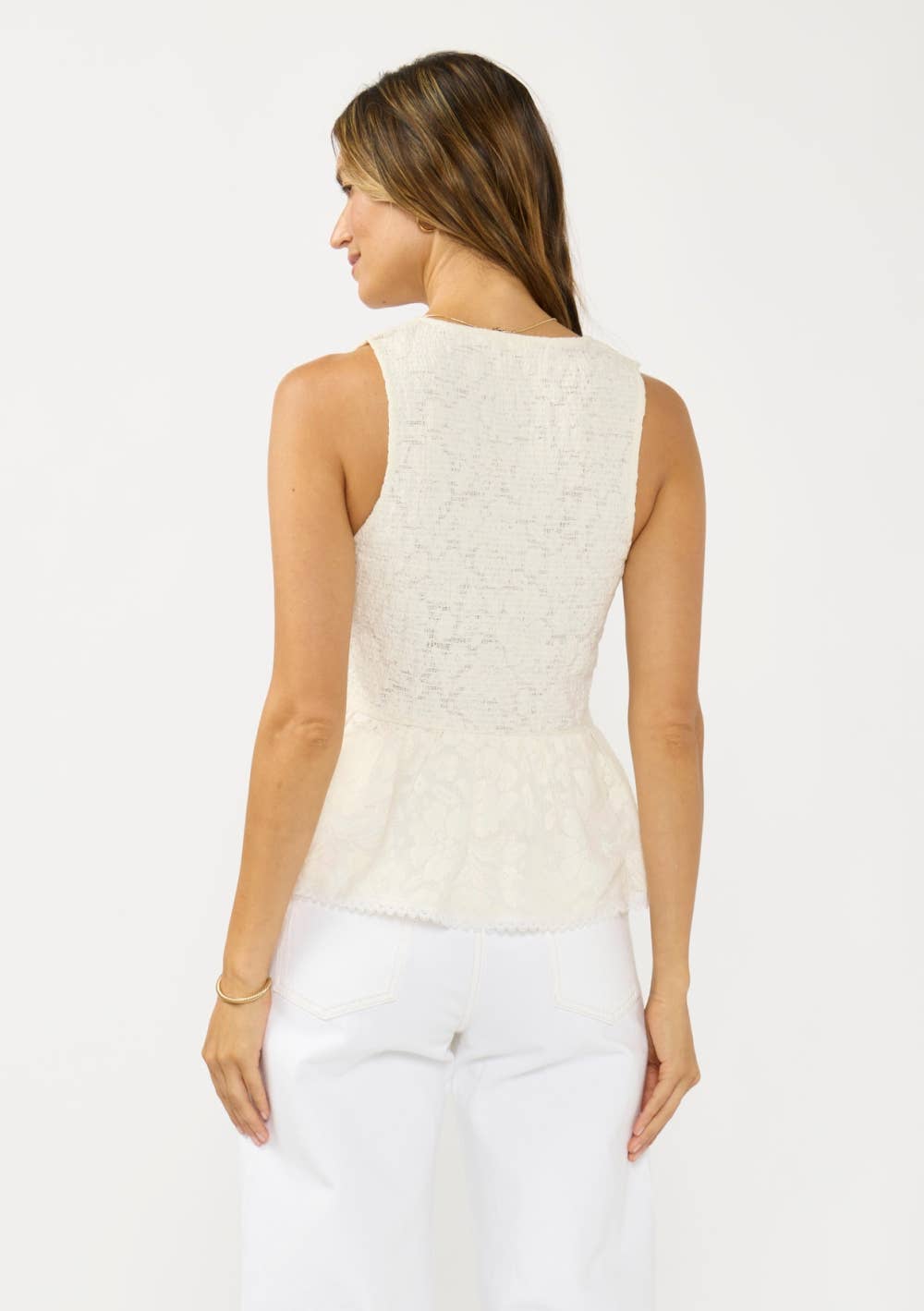 Lovestitch - Sleeveless Tie Front Smocked Peplum Top