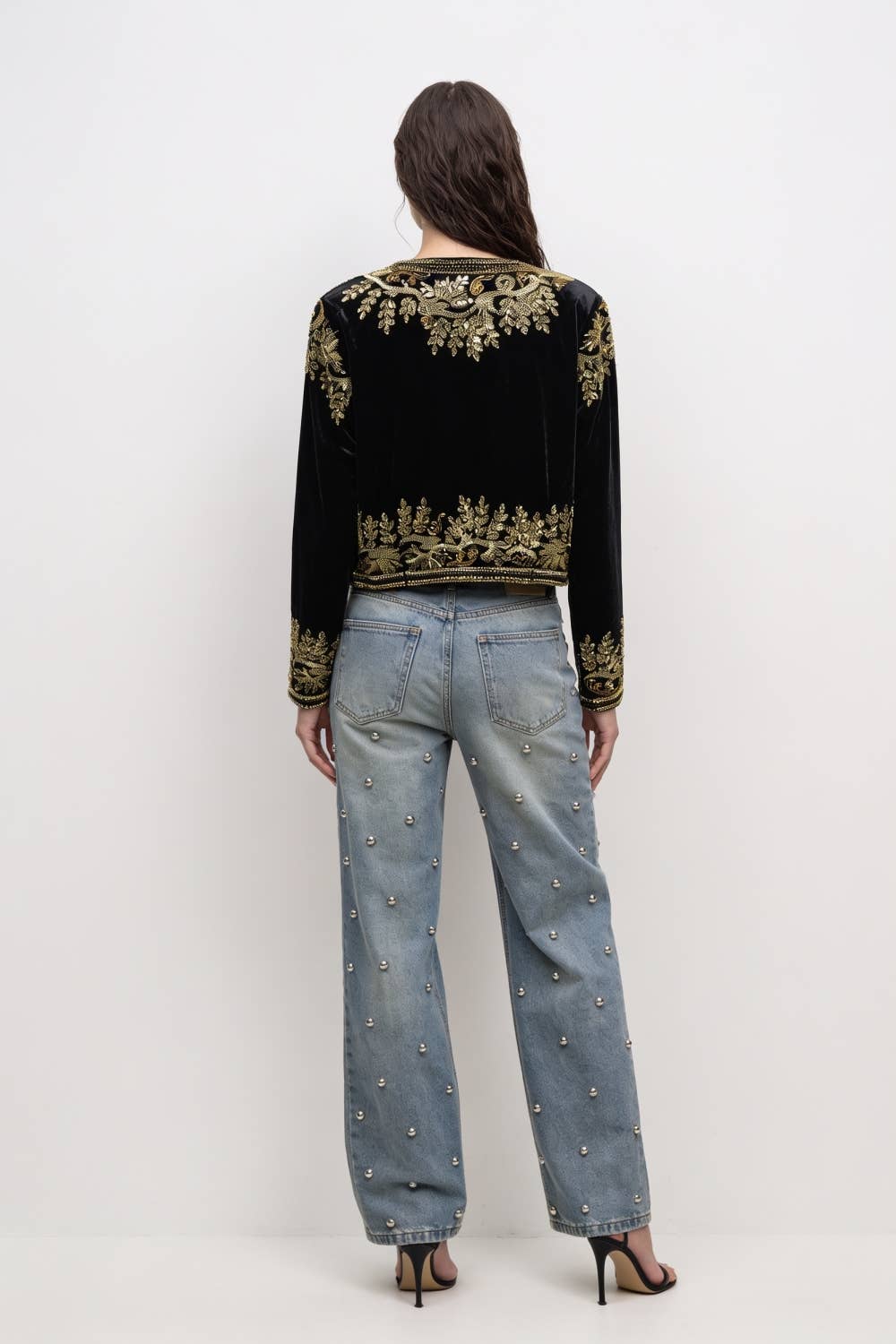 Beulah Style - Embroidered Velvet Cropped Open-Front Jacket