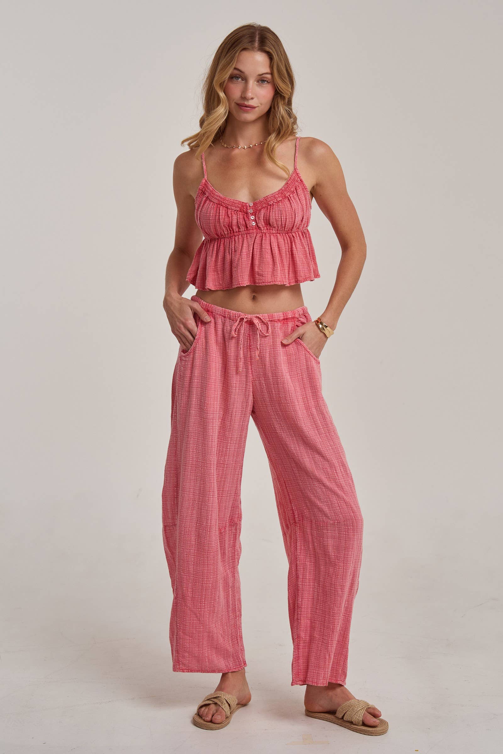 BON - MINERAL WASHED GAUZE CAMI TOP AND BARREL PANTS CASUAL SET