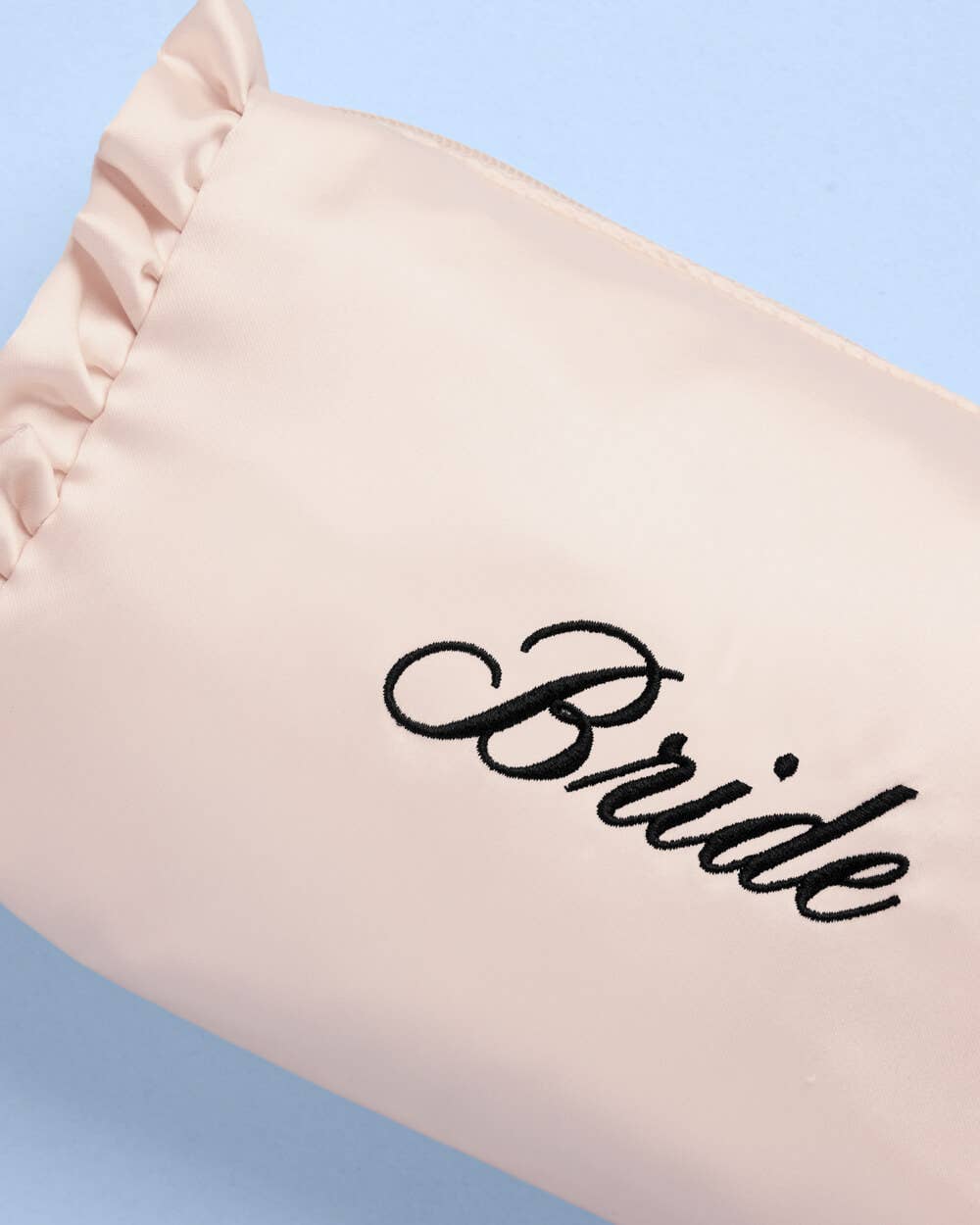 xo, Fetti - Embroidered Bride Satin Cosmetic Bag | bridal, ruffle, gift