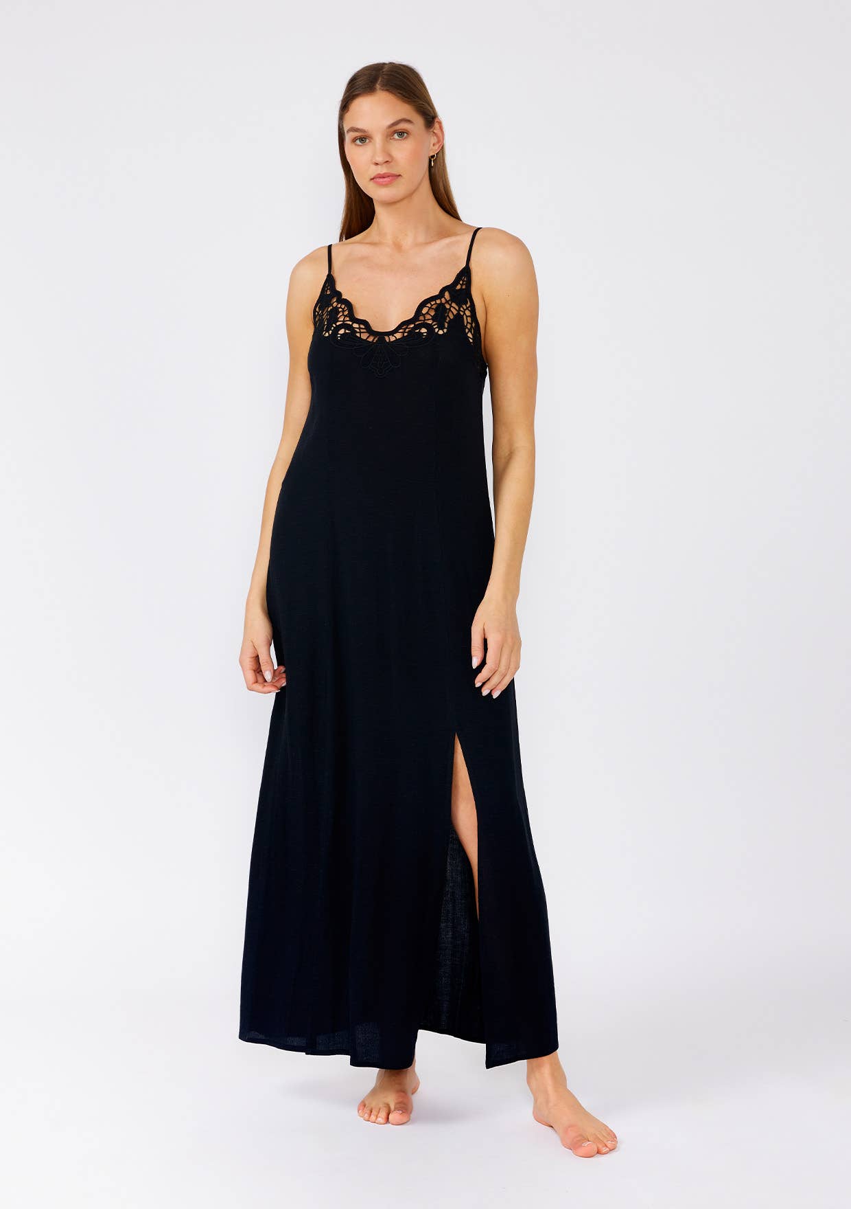Lovestitch - Battenburg Lace Trim Spaghetti Strap Maxi Dress