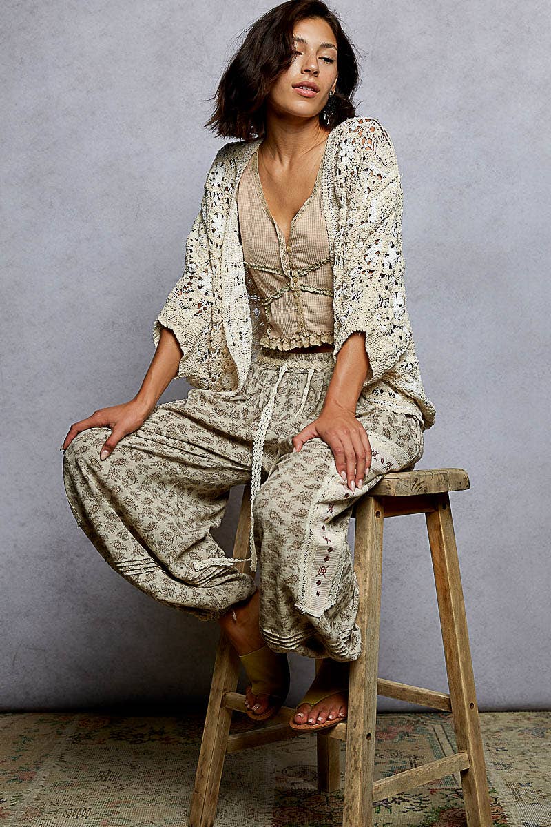 Pol Clothing - V-Neck Button Down Crochet Batwing Sleeve Cardigan Top