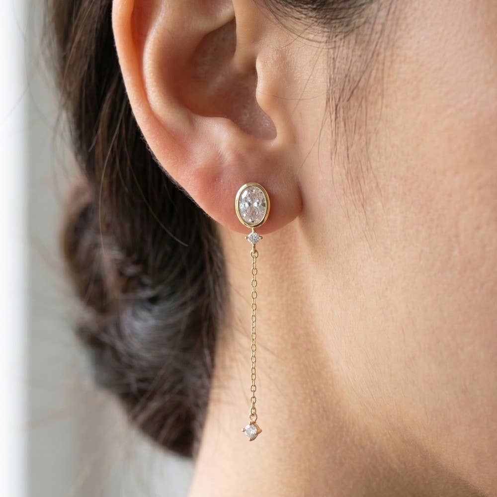 Fame Accessories - Oval Cz Bezel Stud With Long Chain Tassel Drop Earrings