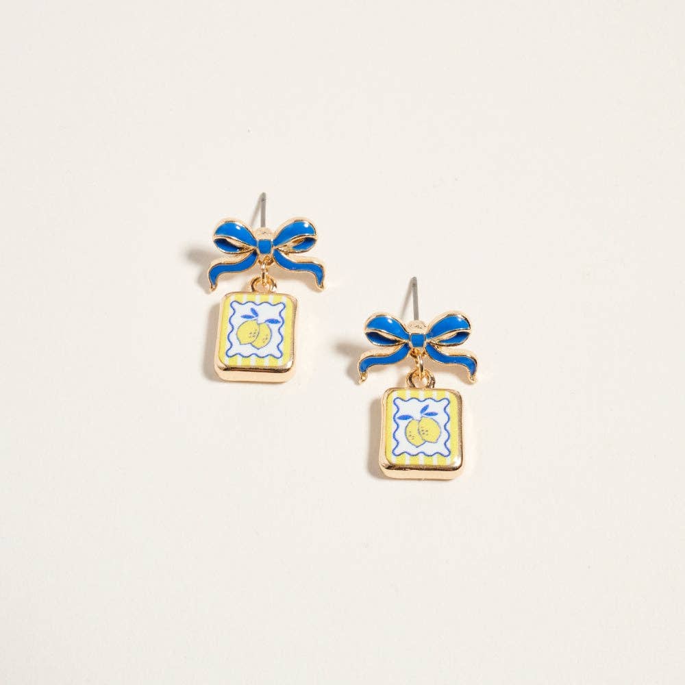 Designature New York - Vintage Fruit Plant Print Tile Enamel Bow Earrings