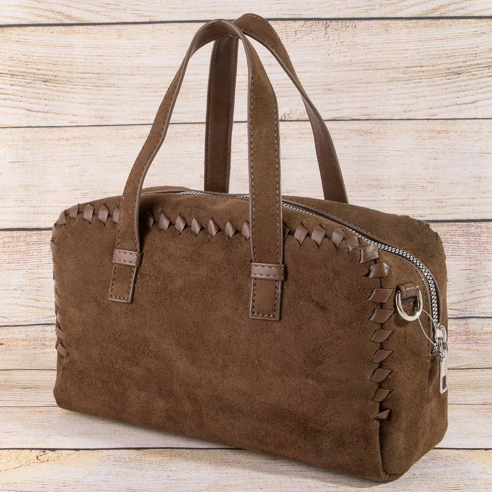 Collections by Fame Accessories - Rectangle Woven Trim Detail Suede Bag