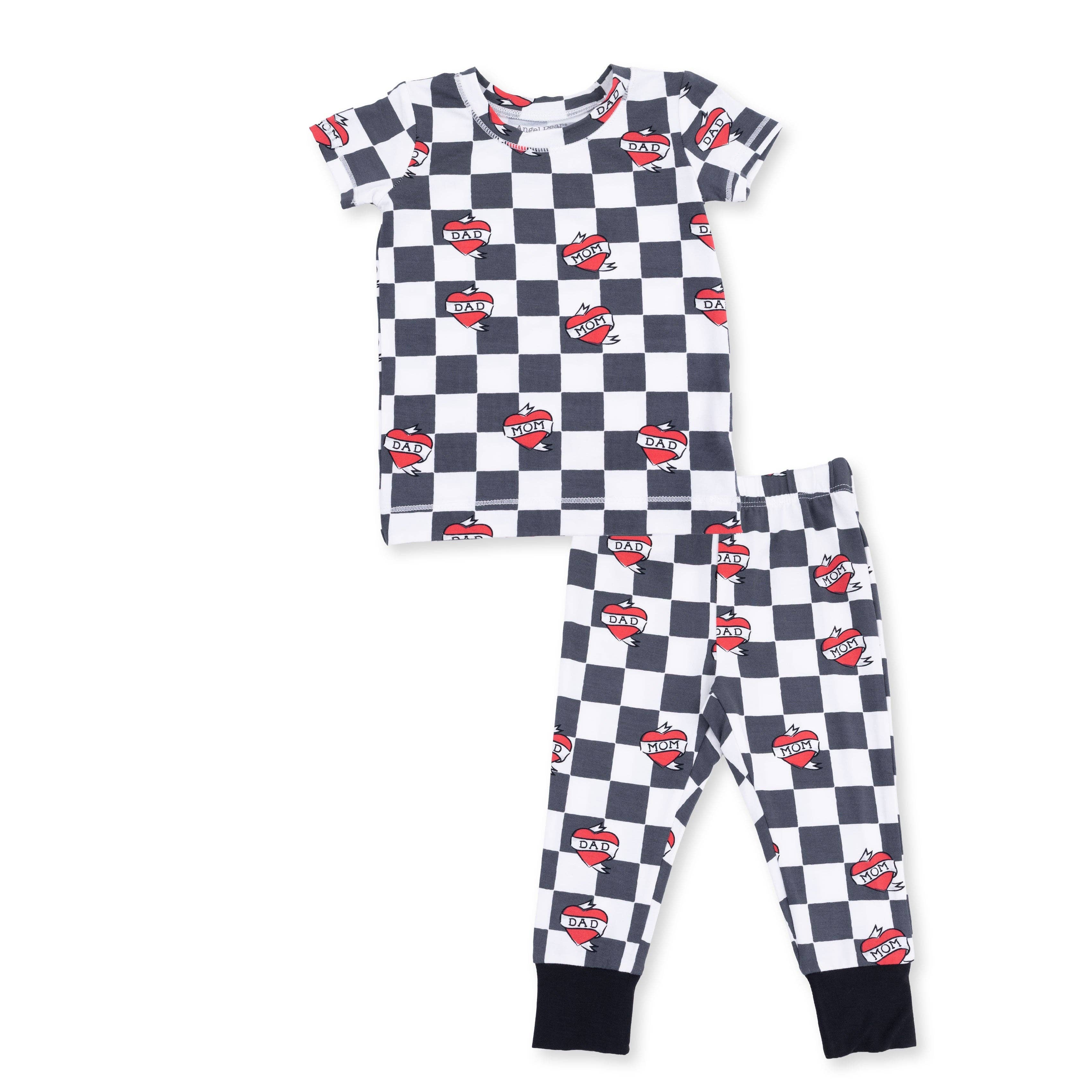 Angel Dear - Heart Tattoo Check Black - Short Sleeve Loungewear Set