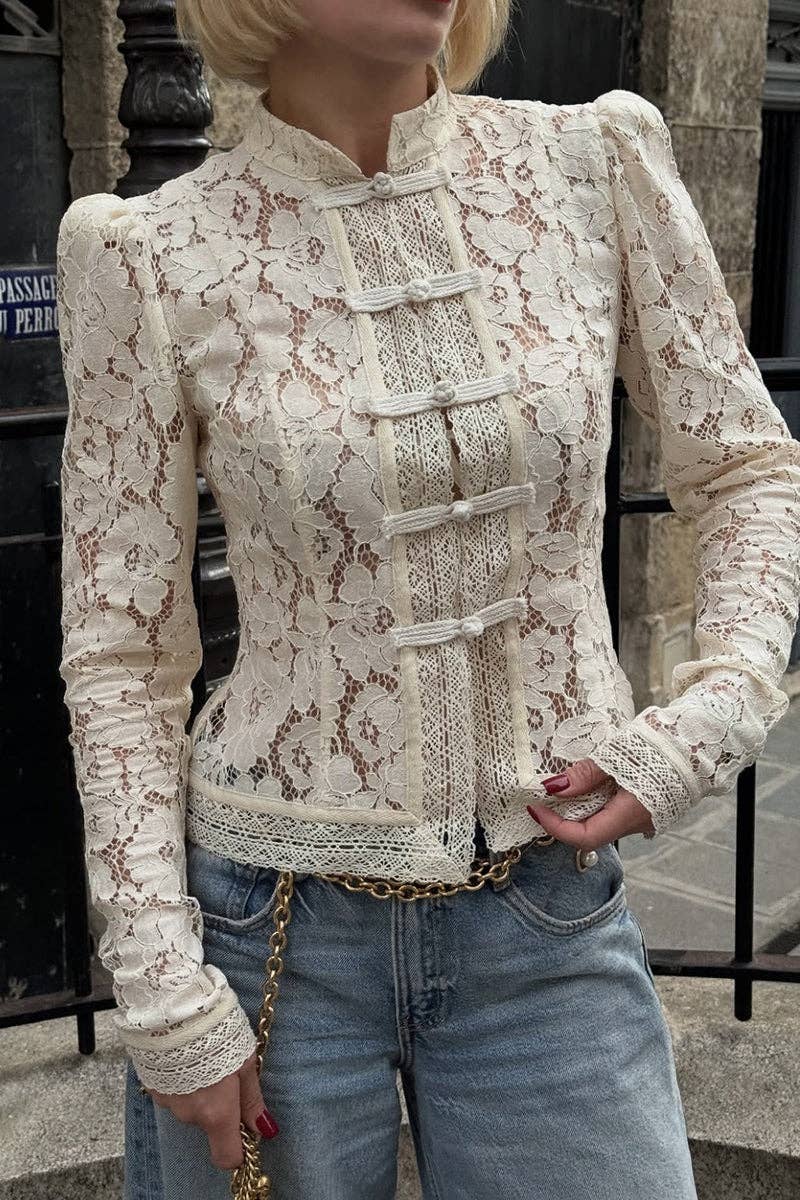 Soli Echo - Elegant Lace Mandarin Collar Blouse