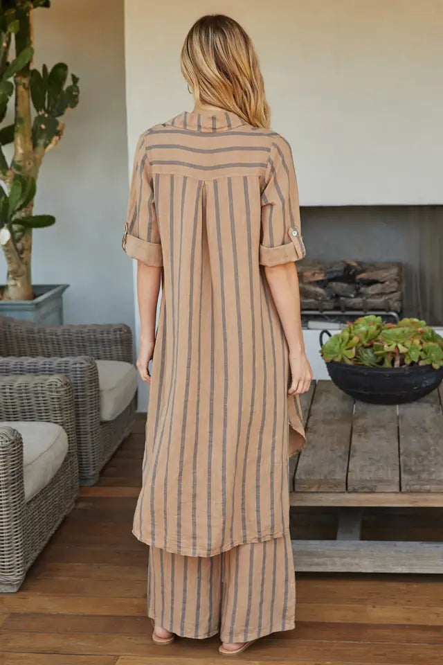Linen Short Sleeve Striped Button-Down Dress
