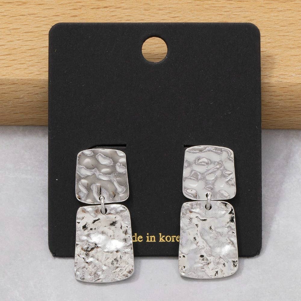 Fame Accessories - Flat Hammered Squares Stud Dangle Earrings