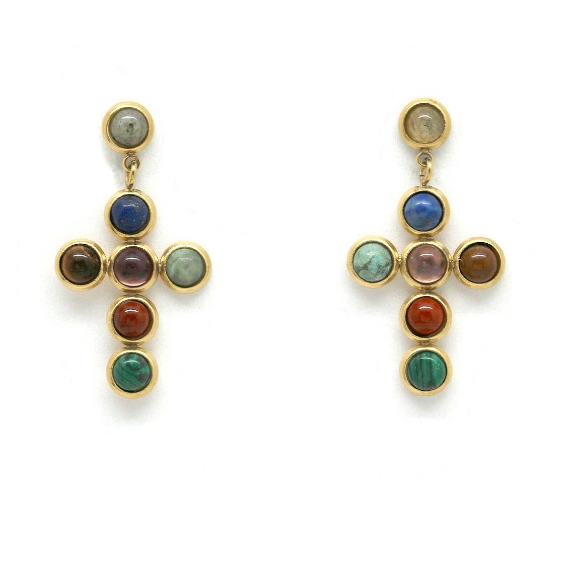 LIZOU - Semi Precious Stone and Gold Cross Earrings