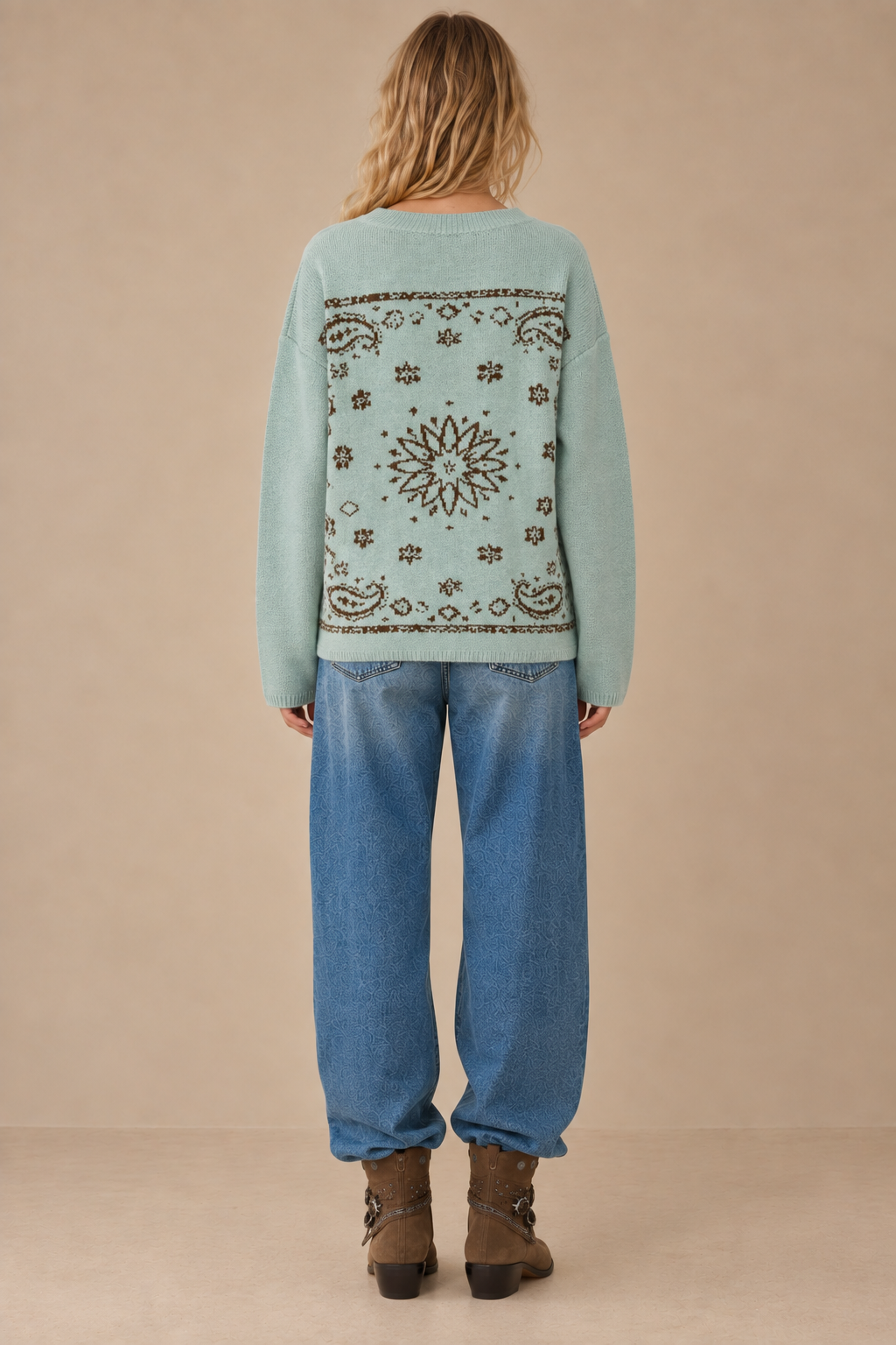SPICE ALLEY - SA10162T - Western Bandana Jacquard Crewneck Sweater