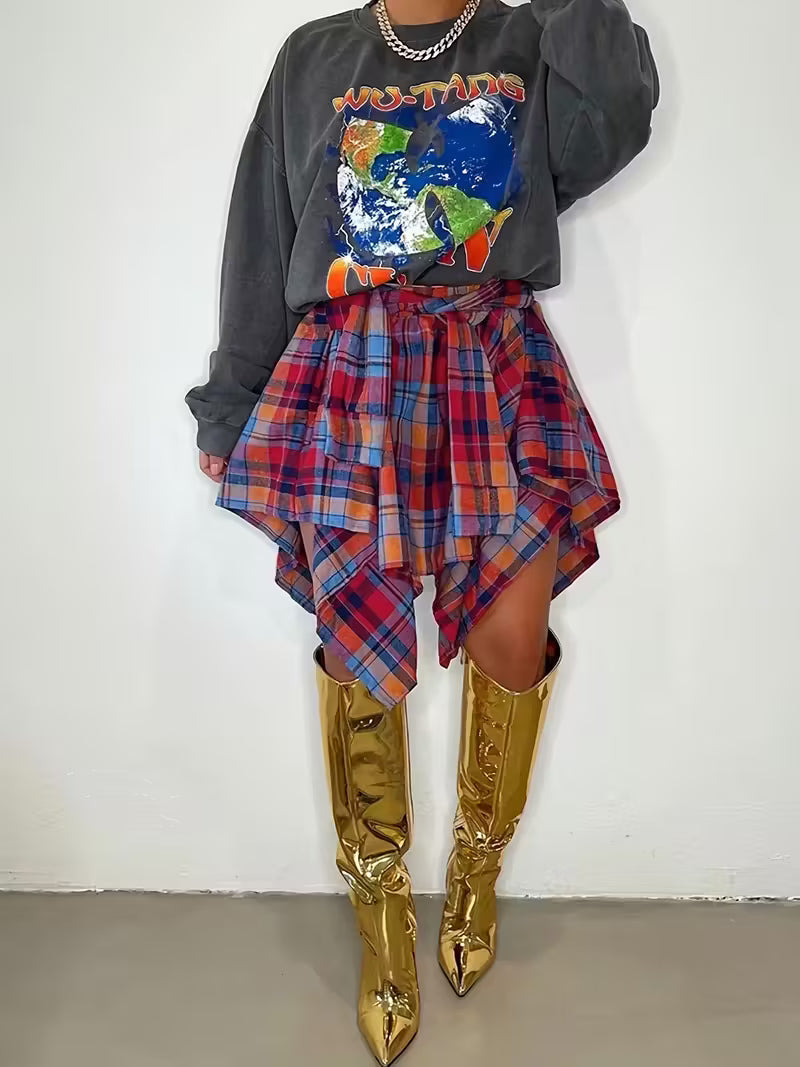Asymmetrical Hem Plaid Print Skirt