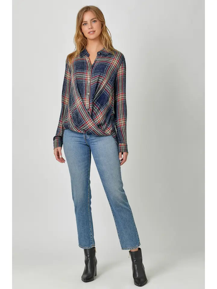 Washed Plaid Surplice Blouse