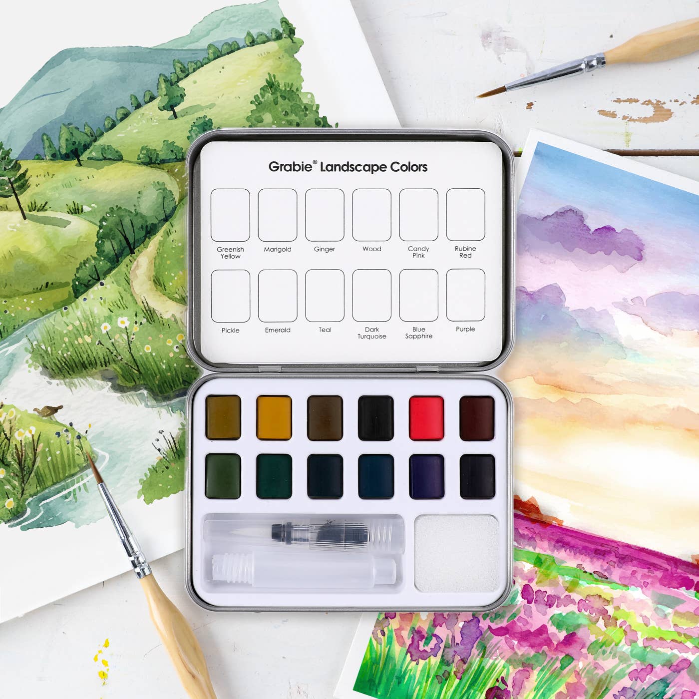 Grabie - Watercolor Pocket Set Of 12 With Brush - Landscape Colors