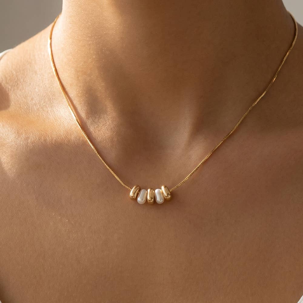 Fame Accessories - Dainty Chain Metallic Bead And Pearl Charms Necklace