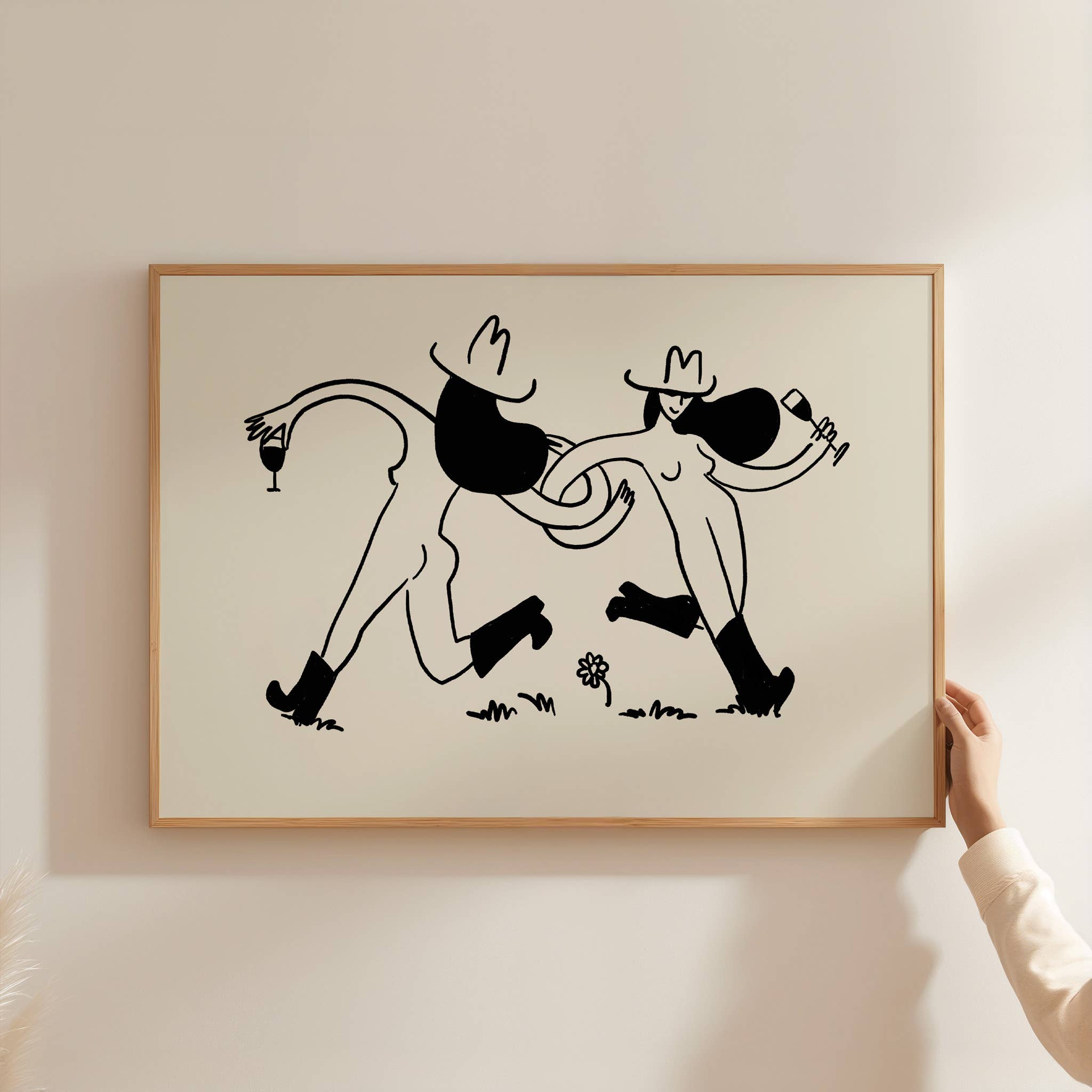 Tumbleweed Design Studio - Frolicking Cowgirls With Wine Minimal Western Art Print