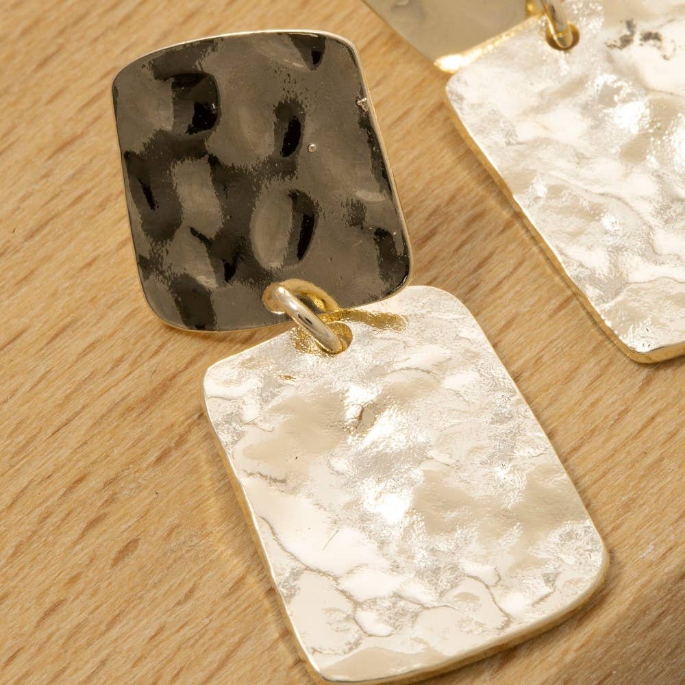 Fame Accessories - Flat Hammered Squares Stud Dangle Earrings
