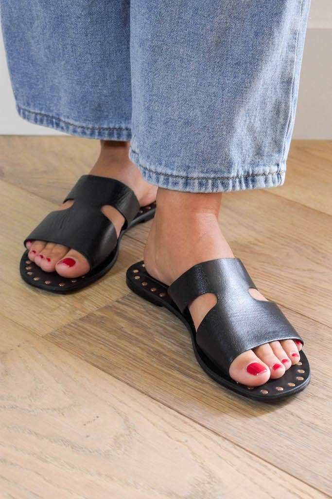 SALT + UMBER - LALA - BLACK upcycled leather sandal  studded square toe
