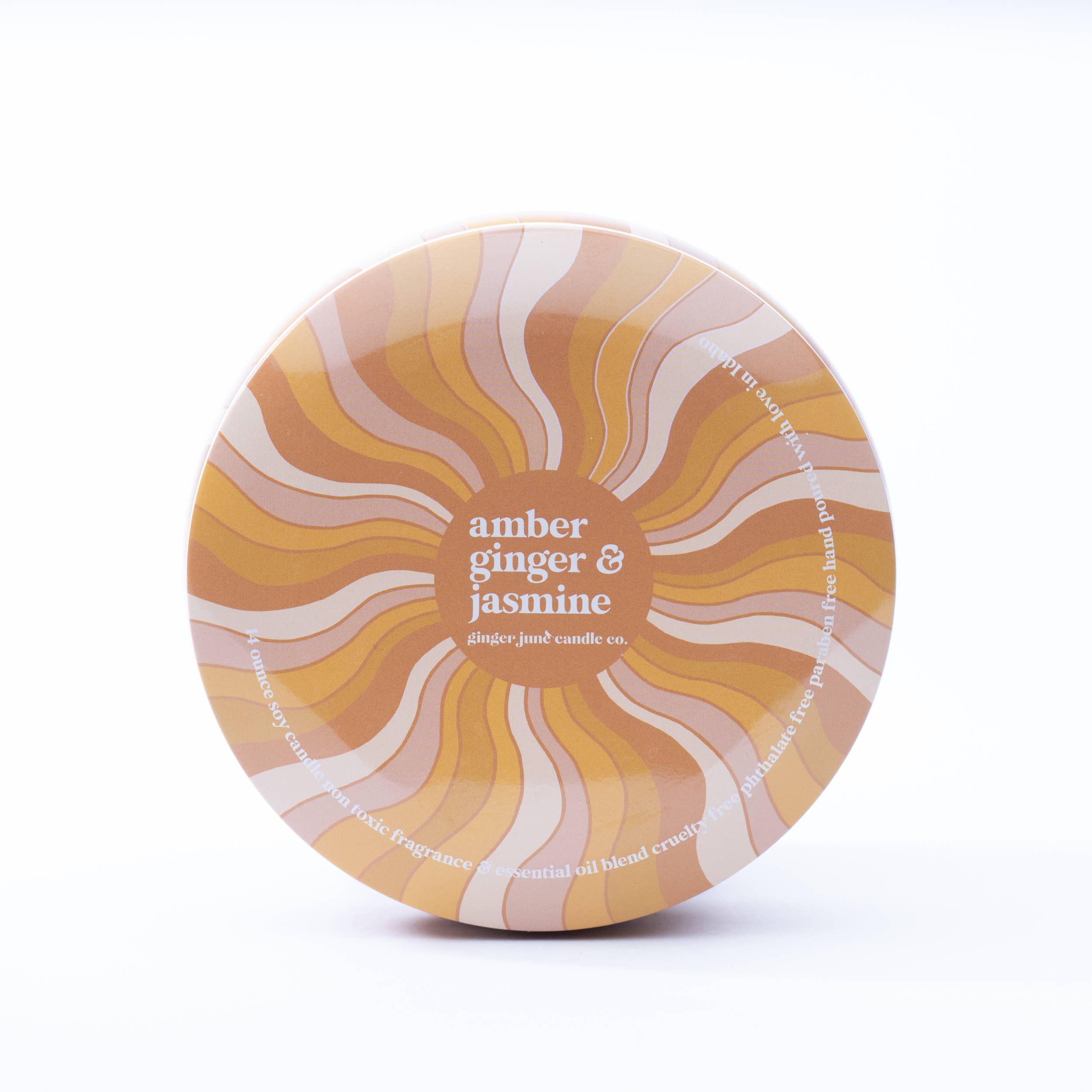Ginger June Candle Co. - groovy swirl tin: amber + ginger + jasmine 14 oz candle