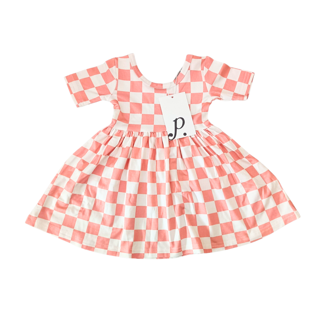 Polished Prints - Kids Checkerboard Dress, Girl Clothes, Short Sleeved, Bamboo