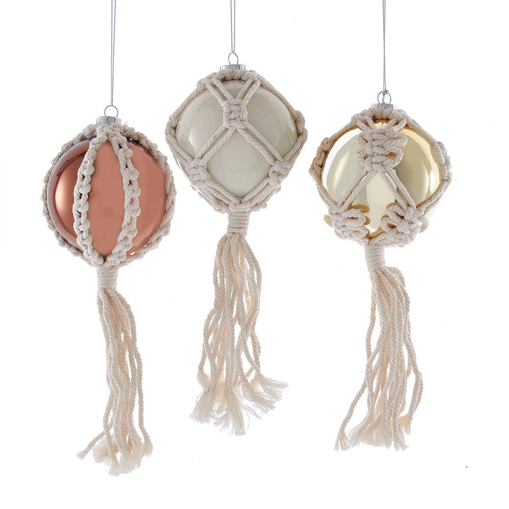 Glass 80MM Macramé Ball Ornaments, 3 Assorted