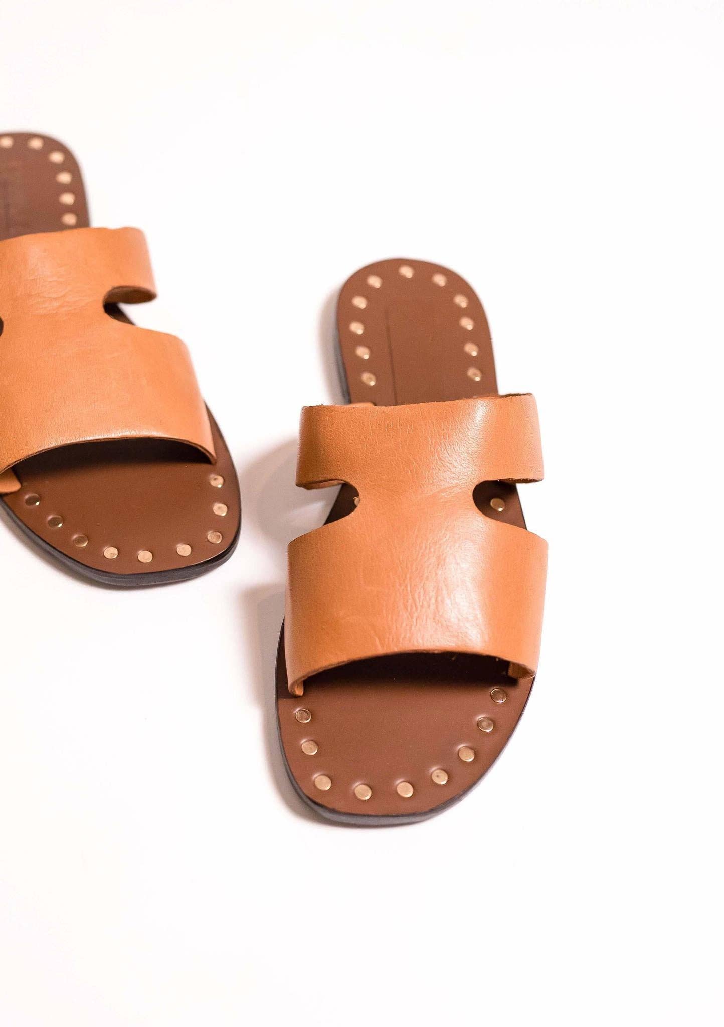 SALT + UMBER - LALA - BROWN upcycled leather sandal  studded square toe