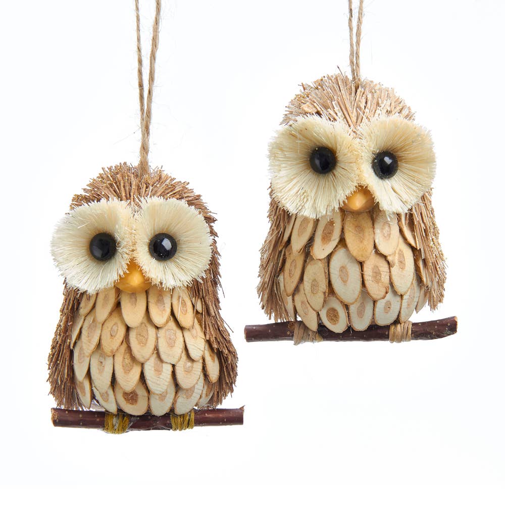 4"WOOD & SISAL OWL ORNAMENT 2/ASSTD