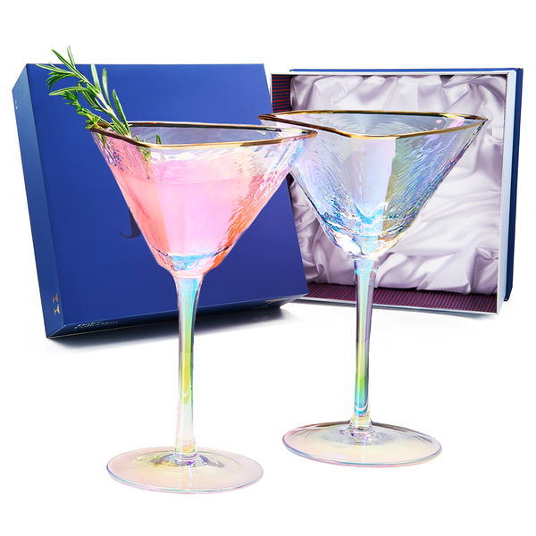 The Wine Savant ridescent Hammered Martini Glasses - Set of 2 Gold Rim 8oz